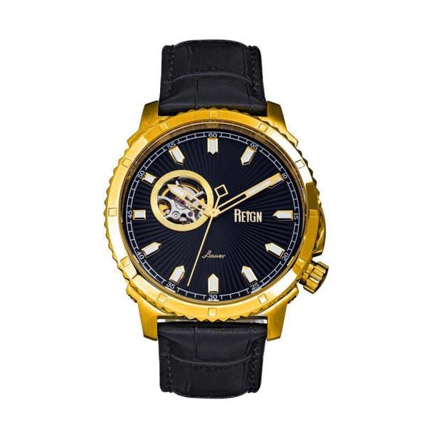 Reign Bauer Automatic Semi-Skeleton Leather-Band Watch
