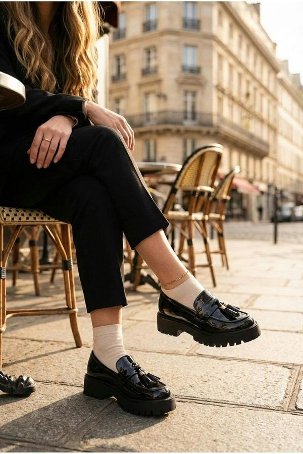 Mia Womens Chunky Patent Tassel Loafers - BLACK