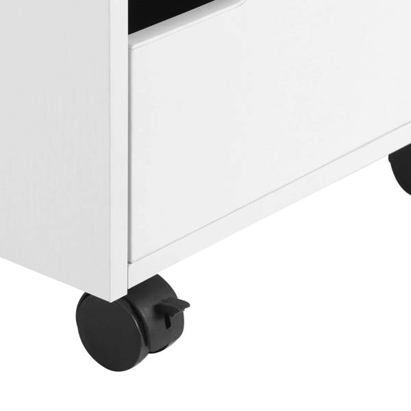 White file cabinet caster wheel at the base of the three-drawer unit