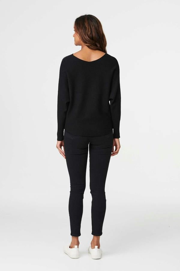 Black | Embellished Batwing knit Top