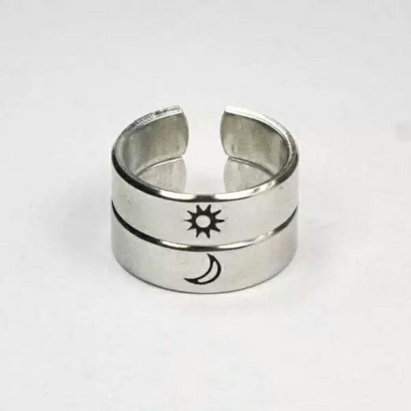 The Colourful Aura Adjustable Silver Plated Couple Moon and Sun Promise Ring Set