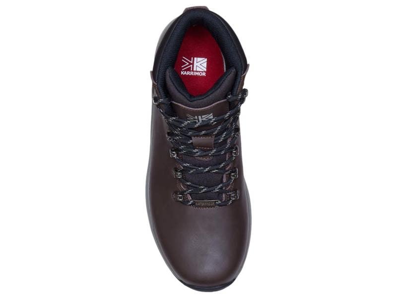 Karrimor Mendip 4 Mens Walking Hiking Lace Up Trek Leather Boots, top view of a dark brown leather hiking boot with black and grey laces and a red and black interior lining.
