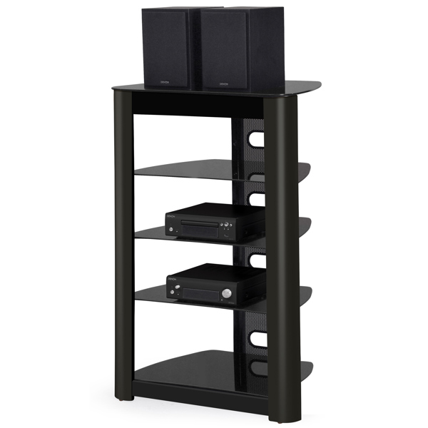 Centurion Supports Zinnia 5-Shelf Black Glass with Gloss Black Fascia Flat Screen TV/Hi-Fi/AV Rack Glass Stand