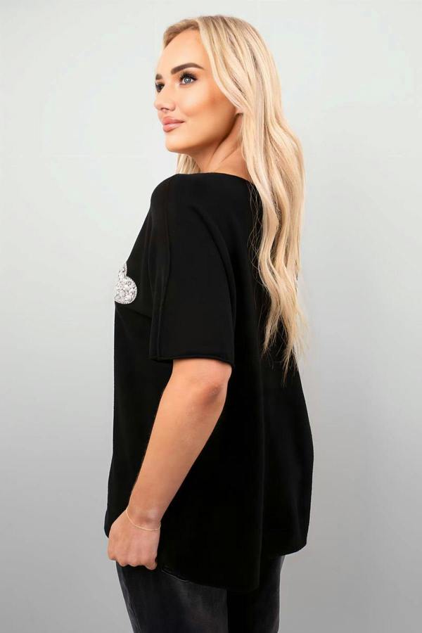 Della Short Sleeve V-neck Oversized Rhinestone Heart Detail Top - Black