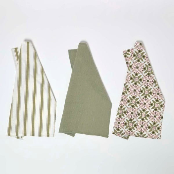 HOMESCAPES Green & Pink Retro 100% Cotton Tea Towels, Set of 3