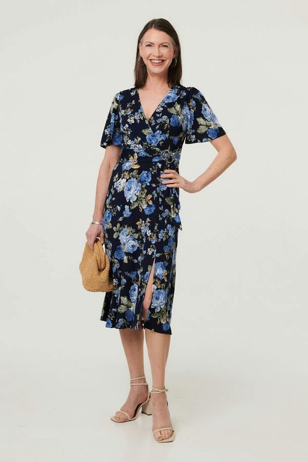 Navy | Floral Angel Sleeve Wrap Midi Dress