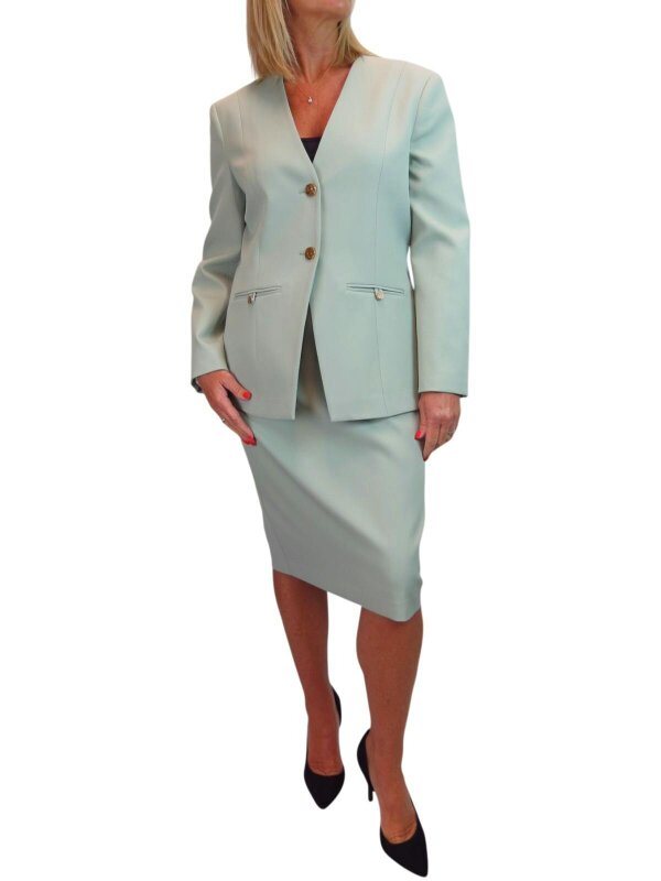 Paulo Due Women's 2 Piece V Neck Skirt Suit - Sage Green