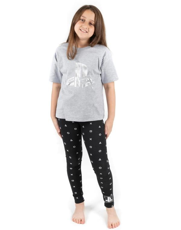 PlayStation Girls Grey White Logo Controller Symbols Short Sleeve Long Leg Pyjama Set
