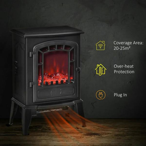 Black freestanding electric fireplace stove with glowing flame and bottom air vent