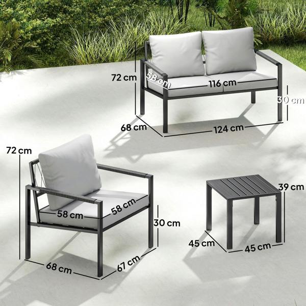 Wyld Haus Cosneri Metal Light Grey 4 Seater Garden Sofa Set with 2 Coffee Tables