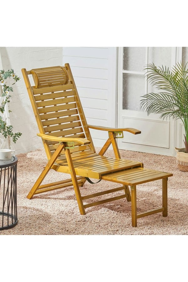 Living and Home Bamboo Folding Lounge Chair Recliner with Retractable Footrest
