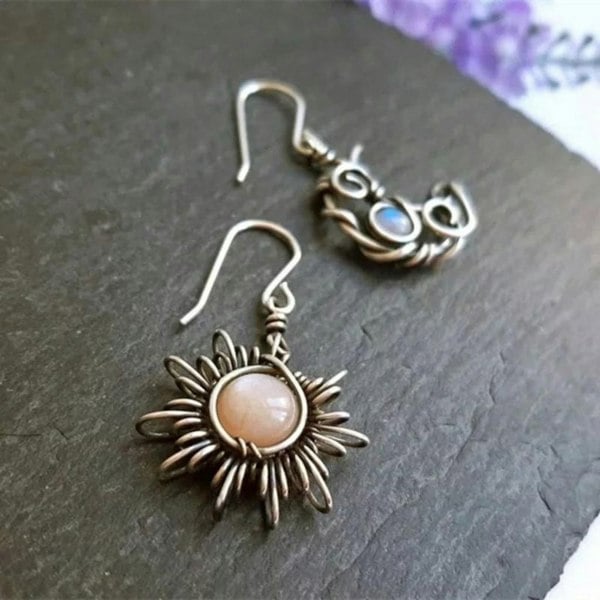 The Colourful Aura Sun and Half Moon Moonstone Wire Wrapped Boho Dangle Drop Hook Earrings