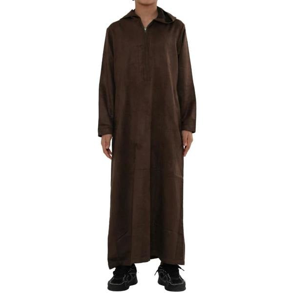 HM12 - Boy's Hooded Suede Emirati Omani Zipped Thobe - Brown - Thobez - 35