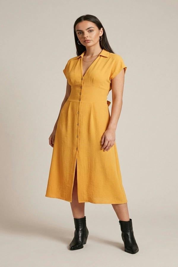 Reeva Button Down Cap Sleeve Midi Dress - Orange