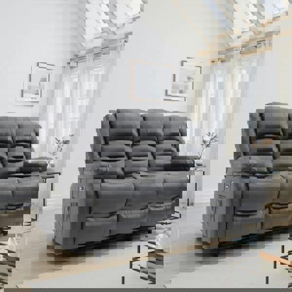 Furnishings For Less Arlo Leather Like 3 Seater Electric Reclining Sofa With USB + Drinks Tray