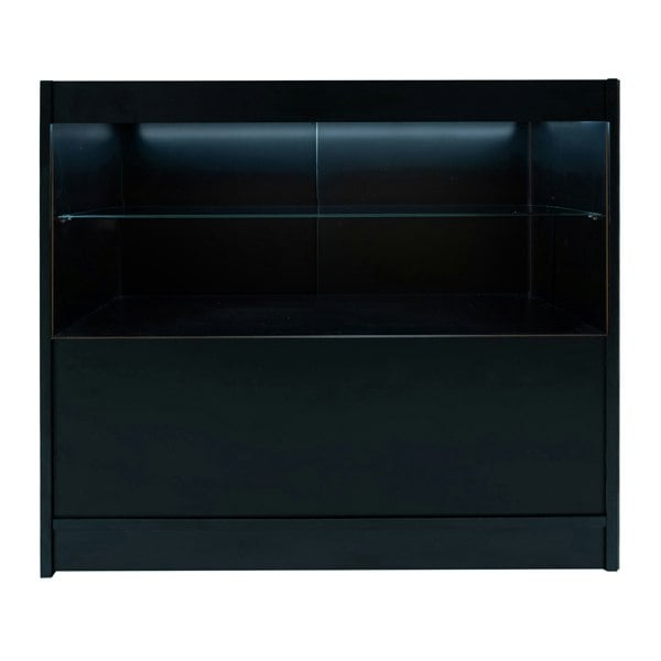 Black Selene LED shop counter set with sleek design, featuring a glass shelf and illuminated display area for showcasing products
