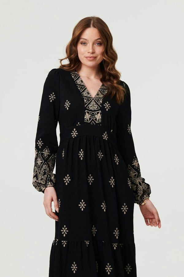 Black | Border Print Long Sleeve Maxi Dress