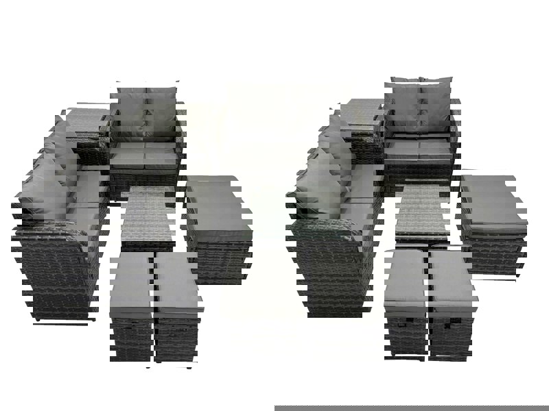 Fimous Rattan Garden Outdoor Furniture Set Love Sofa Square Coffee Table Set with Side Table 3 Stools Dark Grey Mixed