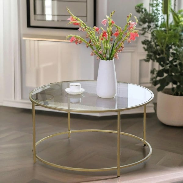 Rafaelo Mobilia Industrial Tempered Glass Round Coffee Table Gold