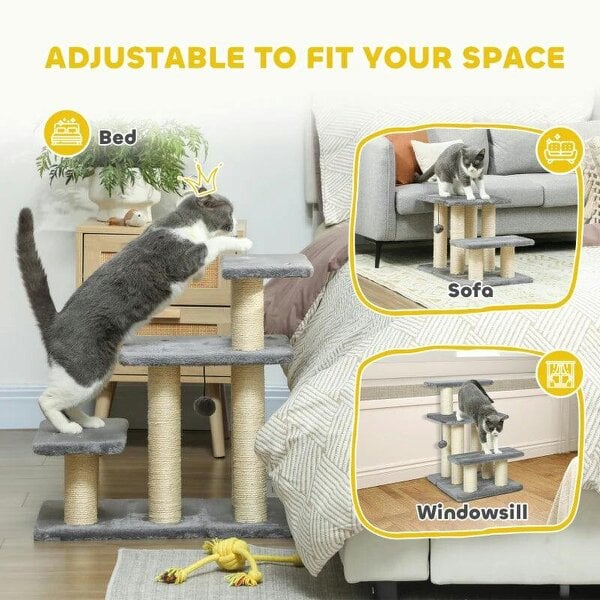 Pet Steps for Bed, 3 Step Adjustable Pet Stairs for Sofa with 6 Sisal Scratching Posts for Small Dogs & Cats, Grey