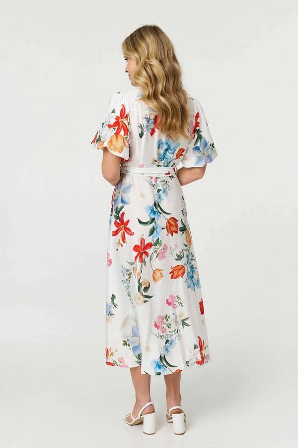 White | Floral 1/2 Puff Sleeve Midi Shirt Dress