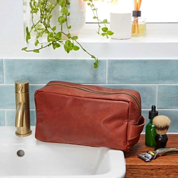Paper High Large Brown Leather Wash Bag