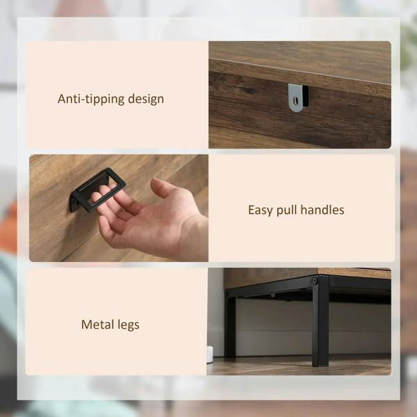 Brown dresser features anti-tipping design, metal legs, and easy pull handles