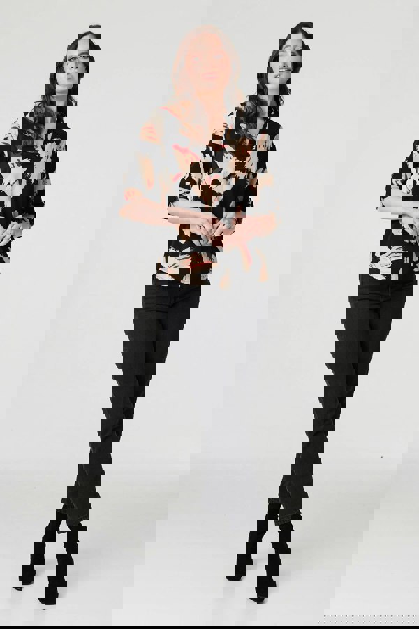 Black | Printed Collarless V-Neck Blouse : Model is 5'9"/175 cm and wears UK8/EU36/US4/AUS8