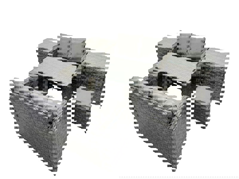 Fimous 6 Seater Garden Outdoor Rattan Furniture Set Rattan Sofa Oblong Dining Table with 2 Small Footstools 2 Side Table Dark Grey