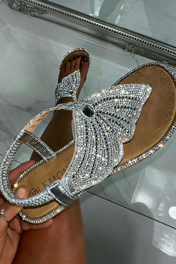 Crystal Couture Butterfly Sandals Silver, focused on toe posts