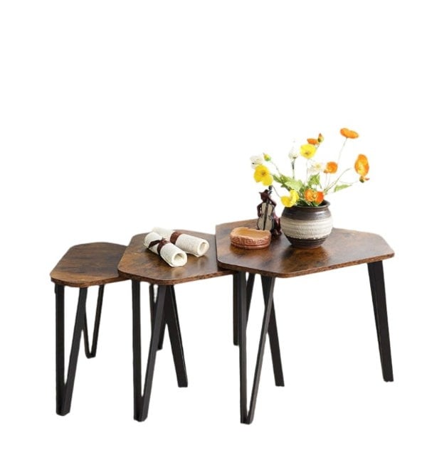 Modcraft Set of 3 Rustic Brown Nesting Coffee Tables with Steel Frames - Industrial Style