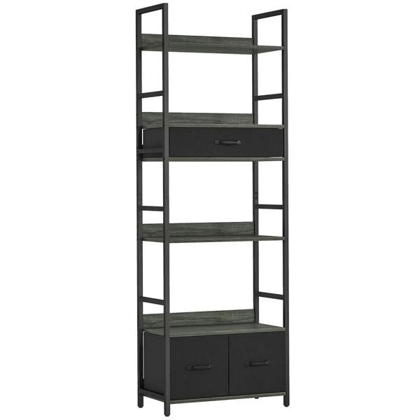 Industrial bookcase with 4 grey shelves, dark frame, and two grey fabric drawers