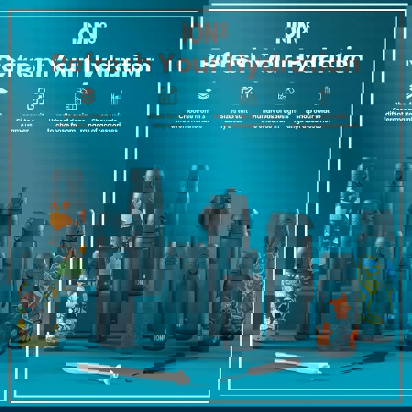 Several teal water bottles, varying in size and design, are displayed on a teal surface. Some bottles feature children's illustrations. The context promotes ION8 hydration products with options for materials, sizes, designs, and accessories.