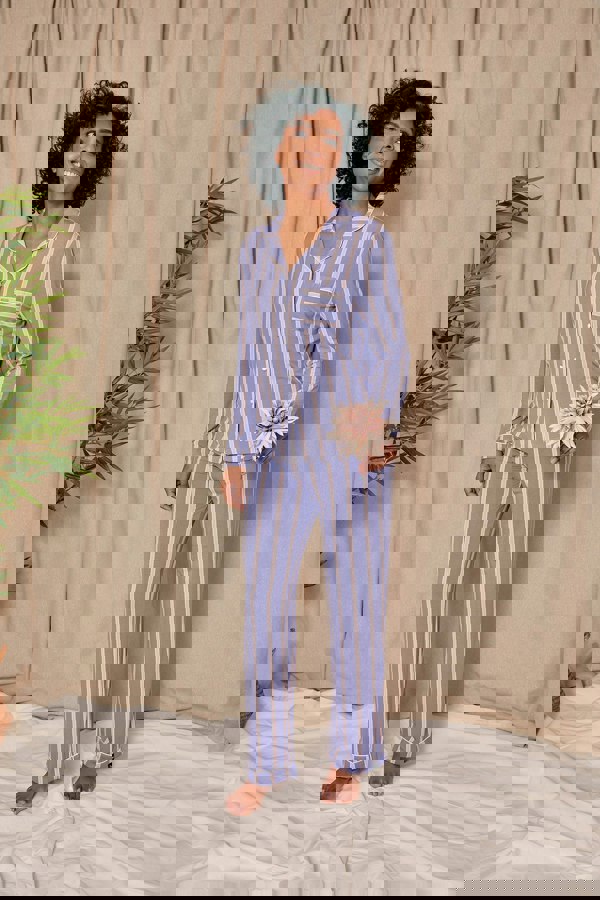 Pretty You London Women's Bamboo Long Pyjama Set - Heather Stripe