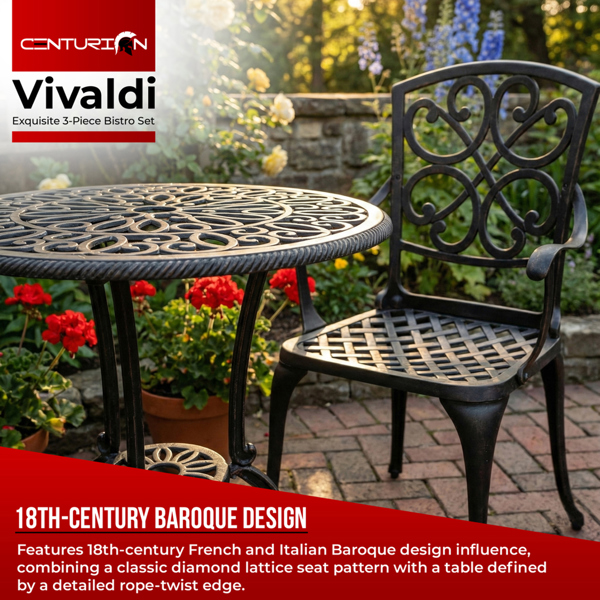 Centurion Supports VIVALDI 3-Piece Aluminium Garden Bistro Set - Round Table with Parasol Hole & 2 Generously Sized Armchairs - Baroque Design (Black)