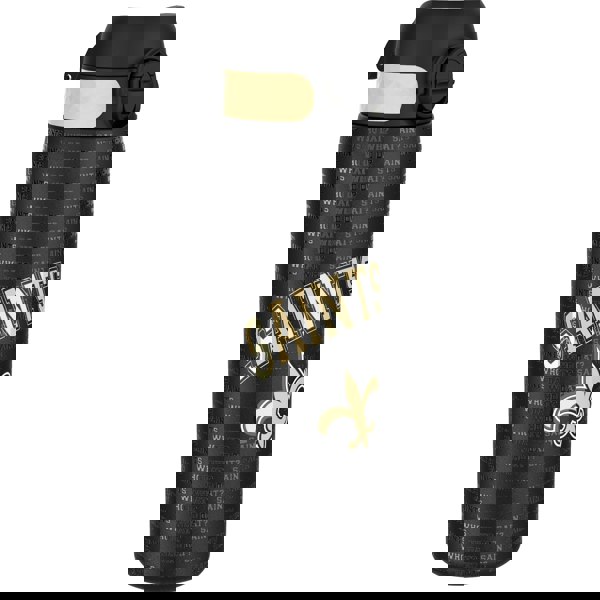 A black water bottle, featuring a beige band and "Saints" and "Who Dat?" text, stands on a white background.