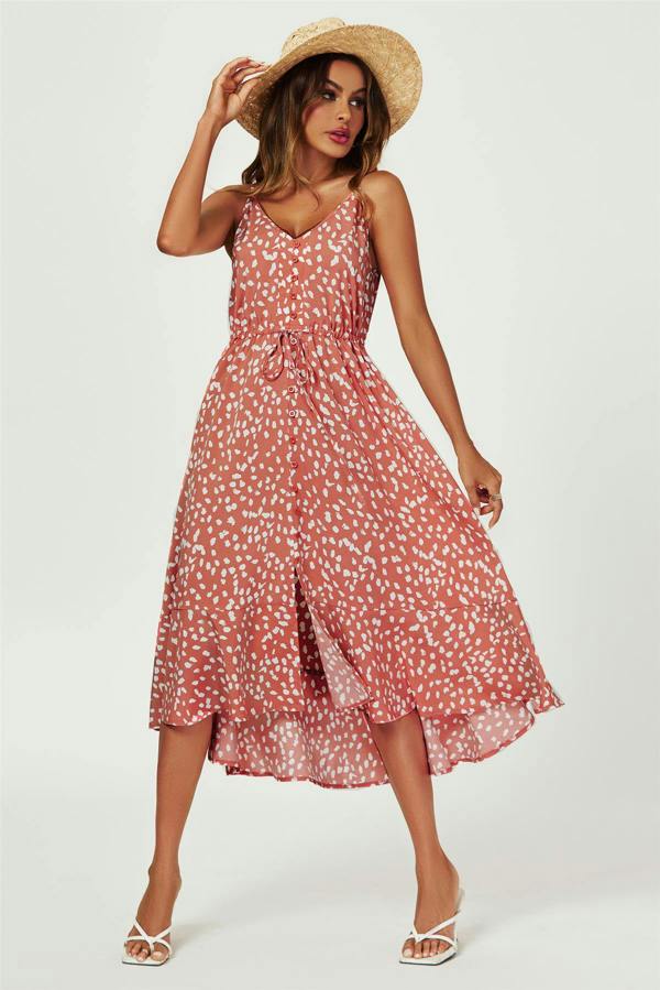FS Collection Button Down High Low Strappy Dress In Dusty Red