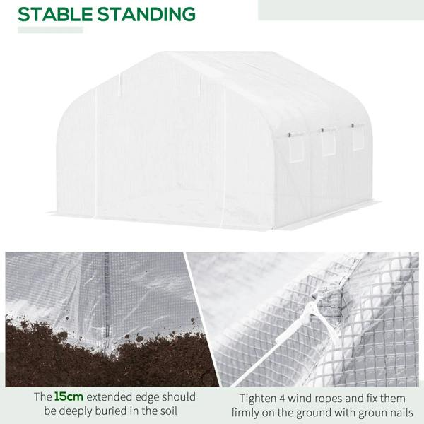 White polytunnel greenhouse with stable frame, door opening, and securing ropes