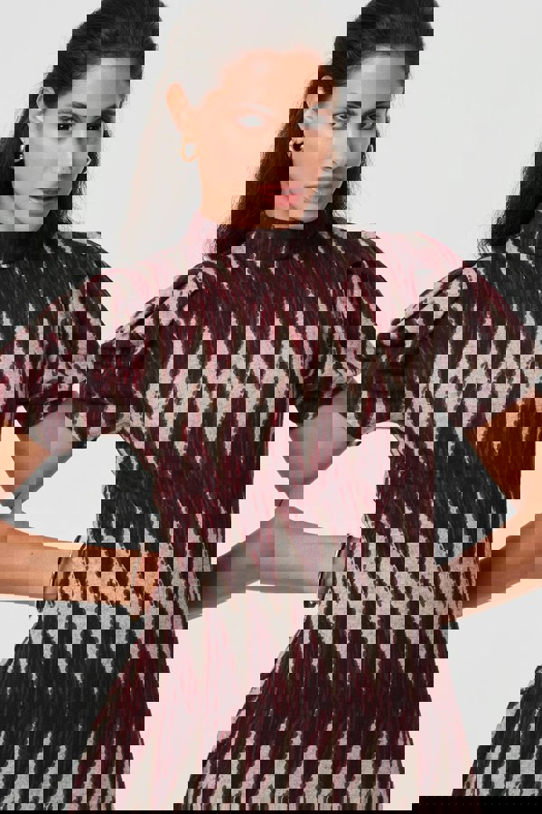 Burgundy | Geo Print Puff Sleeve Mini Skater Dress
