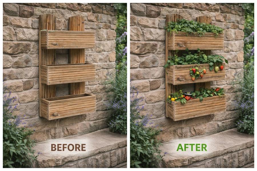 Before and after view of a wall-mounted triple tier wooden planter empty and planted