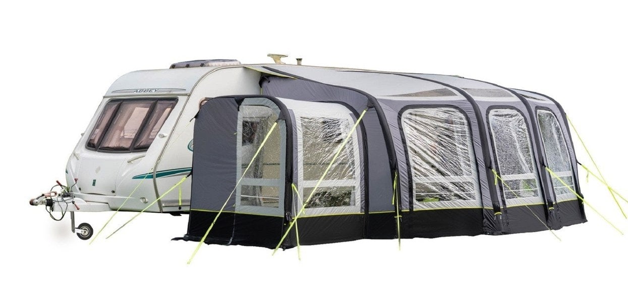 The OLPRO View 420 Caravan Inflatable Porch Awning With Porch Extension attached to a caravan on a white background.