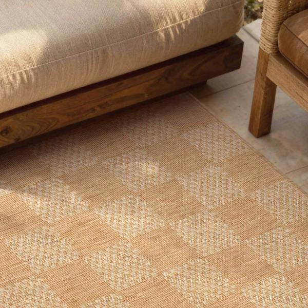 Patterned beige rug on a patio with wooden furniture