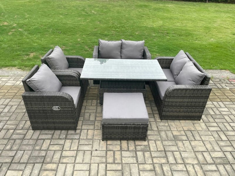 Fimous Rattan Furniture Outdoor Garden Dining Set Patio Height Adjustable Rising lifting Table Love Sofa Chair With Big Footstool