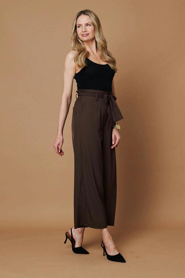 Brown | Tie Front High Waist Wide Leg Trousers