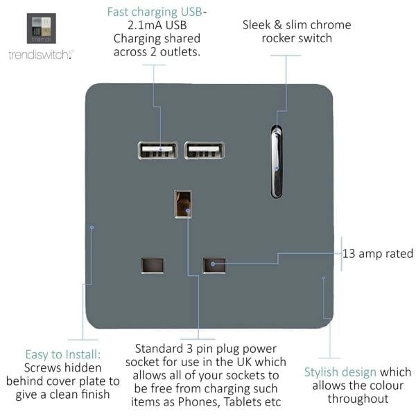 Trendi Switch 1 Gang USB 2100mA Plug Socket in Warm Grey
