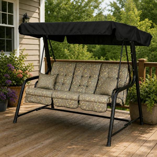 Vienna Deluxe 3 Seater Garden Hammock with Canopy - Free Standing Swing Seat 173cm (L) x 160cm (H) Country Teal (Black Frame) The Garden Furniture Shop