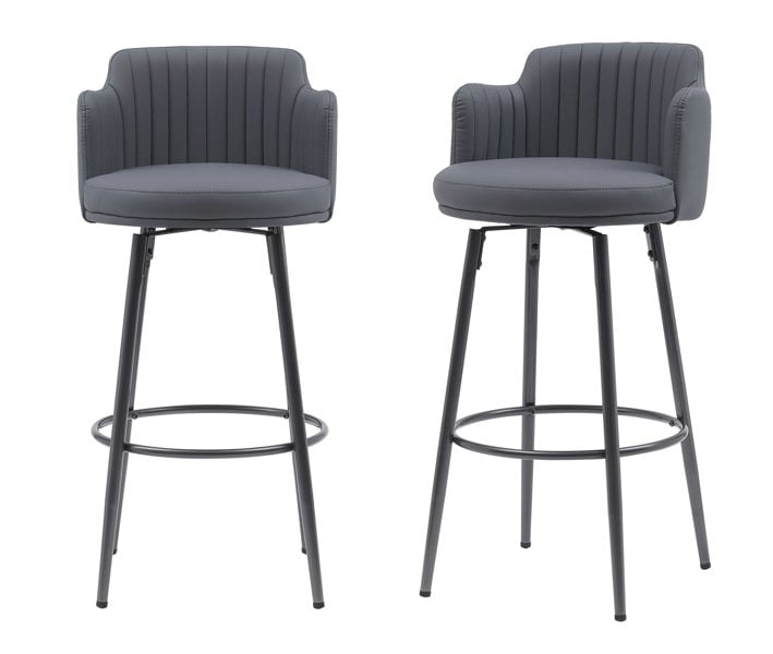 MMT Furniture Designs MMT Bar Stools Set of 2, Retro Swivel Design, PU Leather in Tan or Grey with Footrest