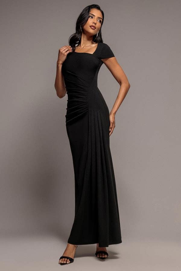 Cap Sleeve Pleated Asymmetric Maxi Dress - Black DR5115