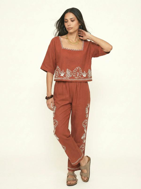 Raffya Tilly High Waist Embroidered Trouser In Rust
