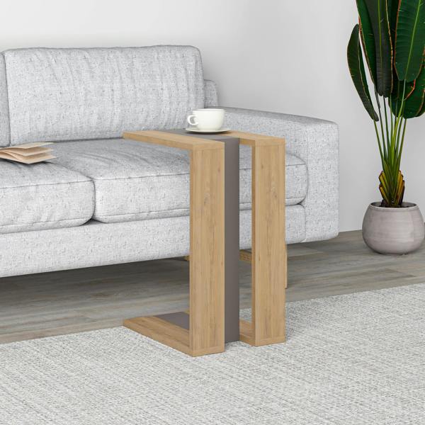 Decortie Muju Modern C Shape Table Oak Effect Gold Marble Effect Mocha Grey Multipurpose  H 57cm